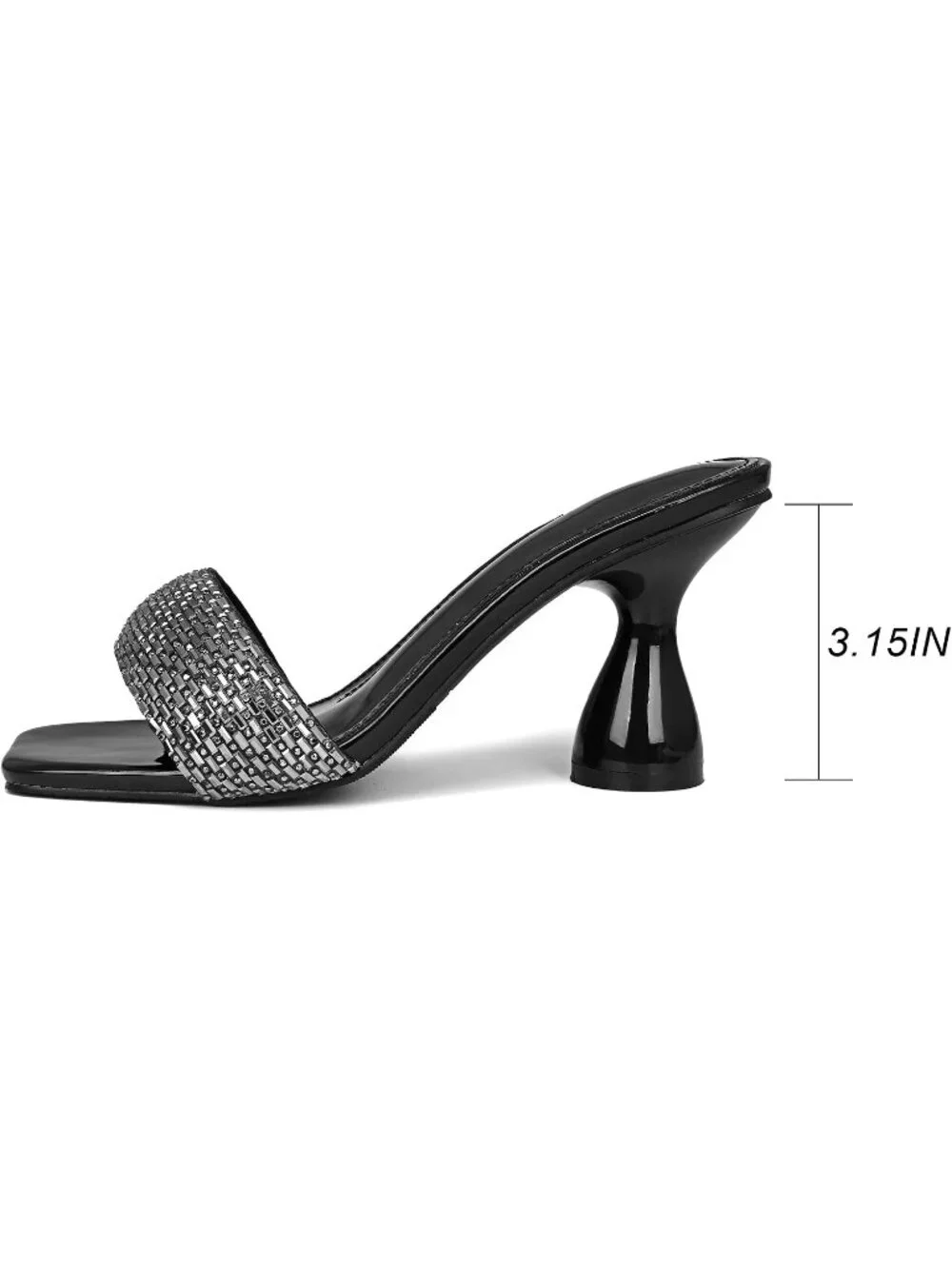 Women's Black Rhinestone Square Open Toe 3.15 IN Square Kitten Heels Sandals
